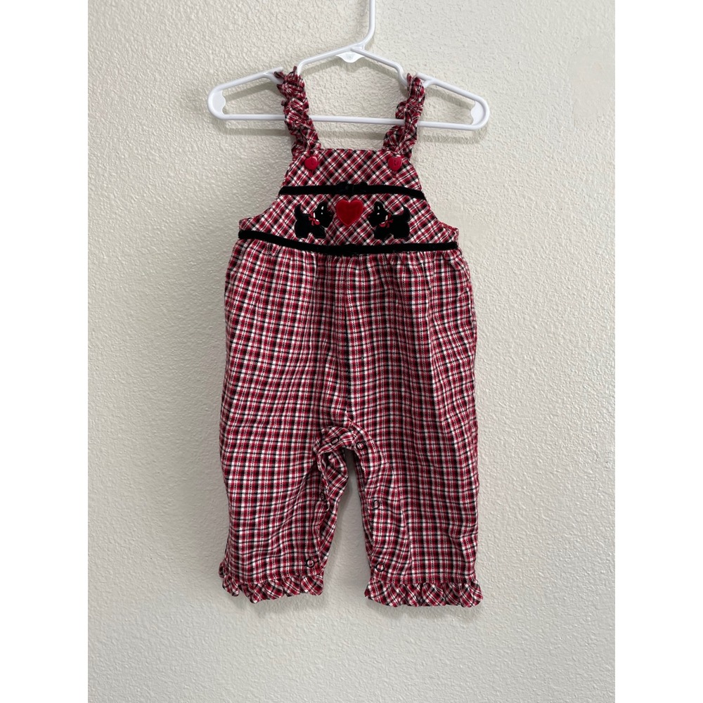 Vintage Plaid Scottie Dog Overalls Baby Girls 6-9 Months Red Black Excellent